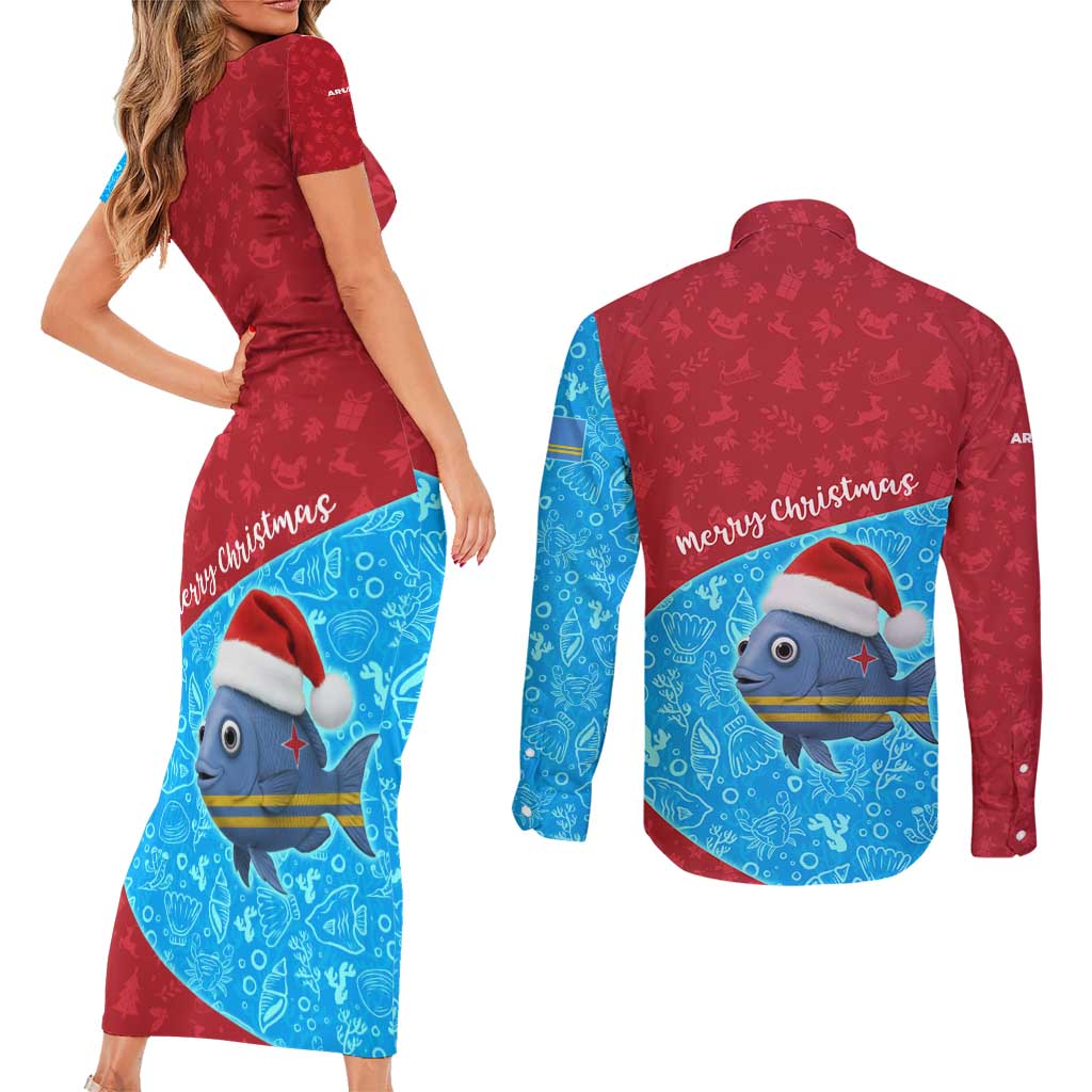 Aruba Christmas Couples Matching Short Sleeve Bodycon Dress and Long Sleeve Button Shirt with Santa Fish Aruba Flag Ocean Icons and Red Blue Holiday Pattern Design - Wonder Print Shop