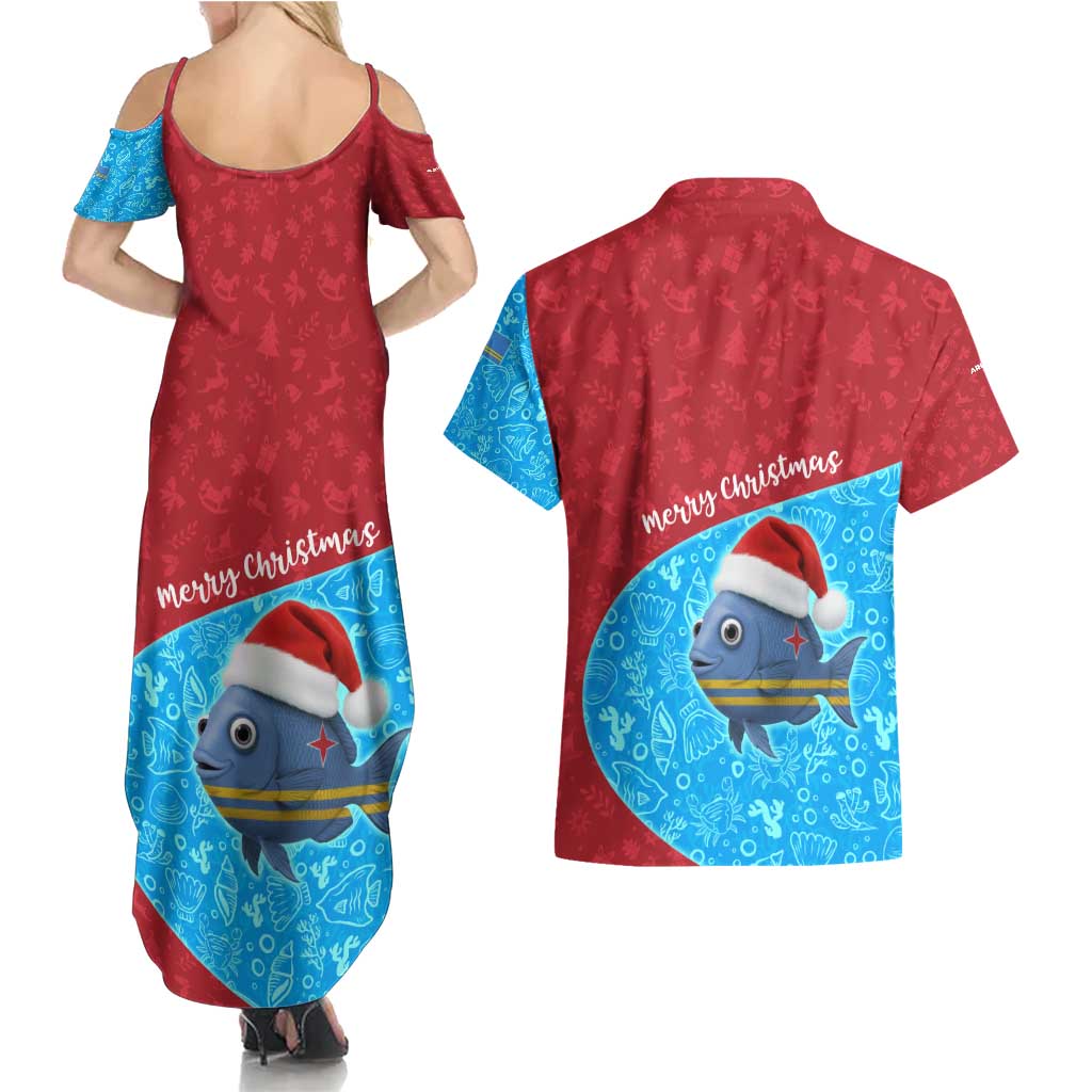 Aruba Christmas Couples Matching Summer Maxi Dress and Hawaiian Shirt with Santa Fish Aruba Flag Ocean Icons and Red Blue Holiday Pattern Design - Wonder Print Shop