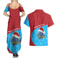 Aruba Christmas Couples Matching Summer Maxi Dress and Hawaiian Shirt with Santa Fish Aruba Flag Ocean Icons and Red Blue Holiday Pattern Design - Wonder Print Shop