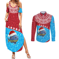 Aruba Christmas Couples Matching Summer Maxi Dress and Long Sleeve Button Shirt with Santa Fish Aruba Flag Ocean Icons and Red Blue Holiday Pattern Design - Wonder Print Shop