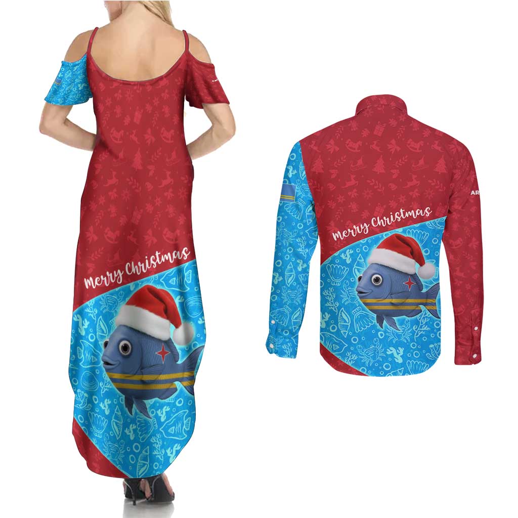 Aruba Christmas Couples Matching Summer Maxi Dress and Long Sleeve Button Shirt with Santa Fish Aruba Flag Ocean Icons and Red Blue Holiday Pattern Design - Wonder Print Shop