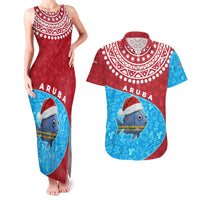 Aruba Christmas Couples Matching Tank Maxi Dress and Hawaiian Shirt with Santa Fish Aruba Flag Ocean Icons and Red Blue Holiday Pattern Design - Wonder Print Shop