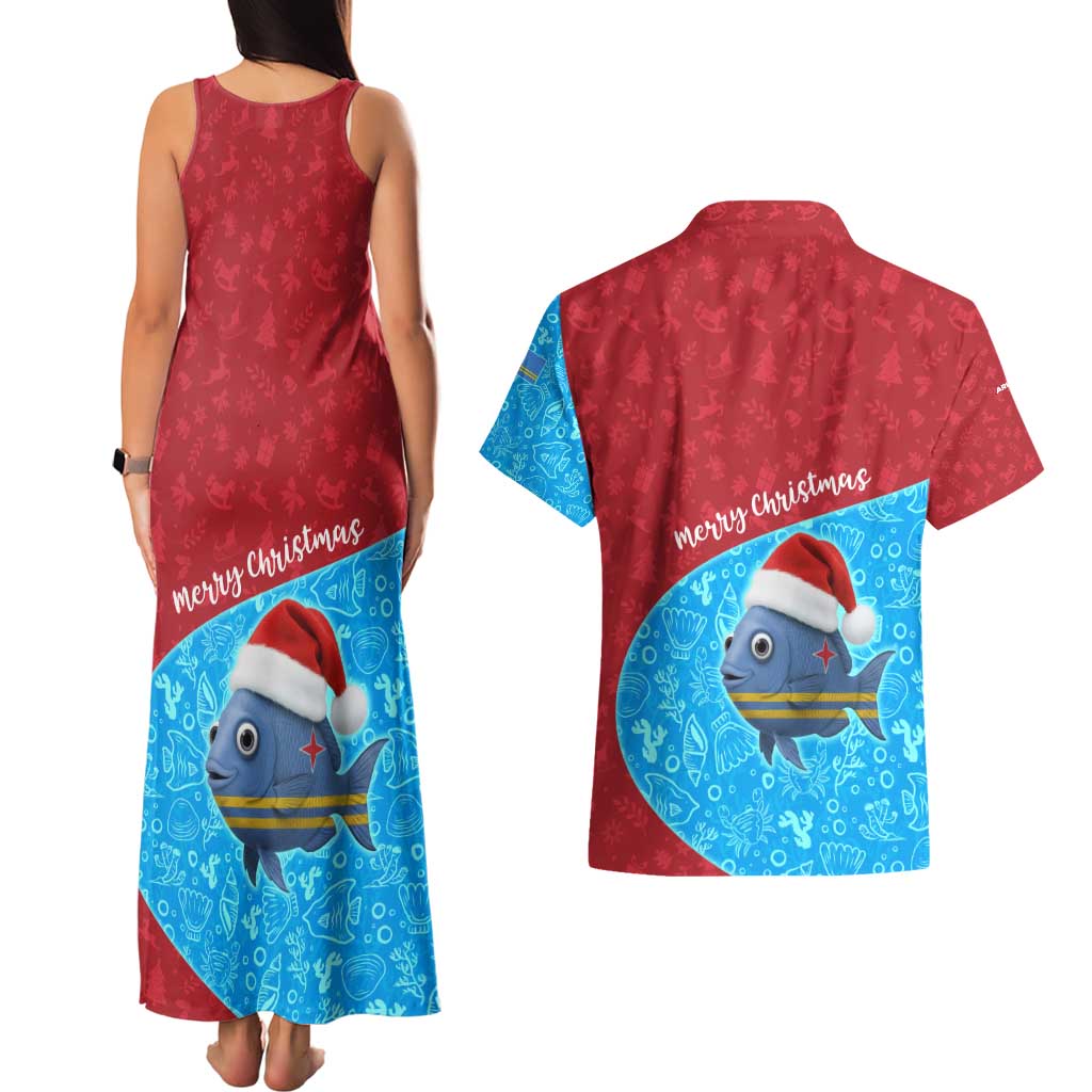 Aruba Christmas Couples Matching Tank Maxi Dress and Hawaiian Shirt with Santa Fish Aruba Flag Ocean Icons and Red Blue Holiday Pattern Design - Wonder Print Shop