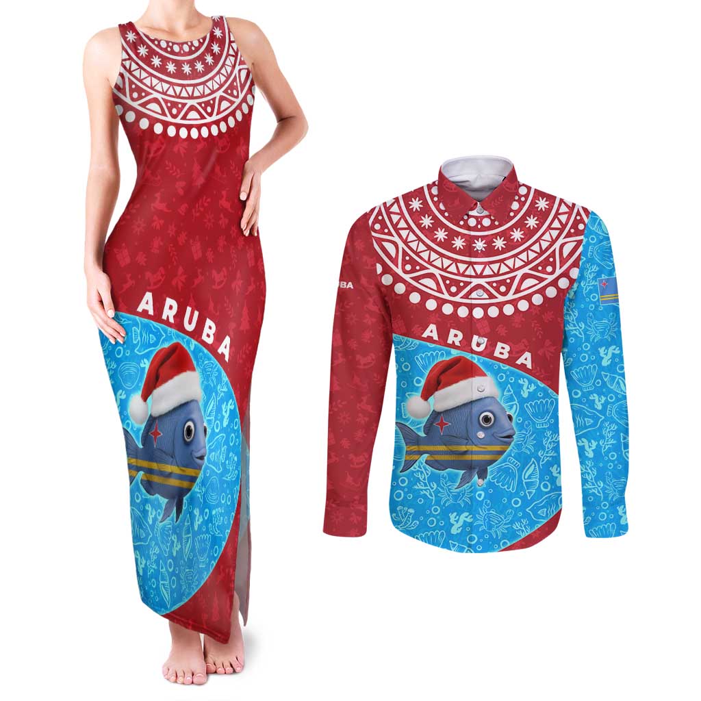 Aruba Christmas Couples Matching Tank Maxi Dress and Long Sleeve Button Shirt with Santa Fish Aruba Flag Ocean Icons and Red Blue Holiday Pattern Design - Wonder Print Shop