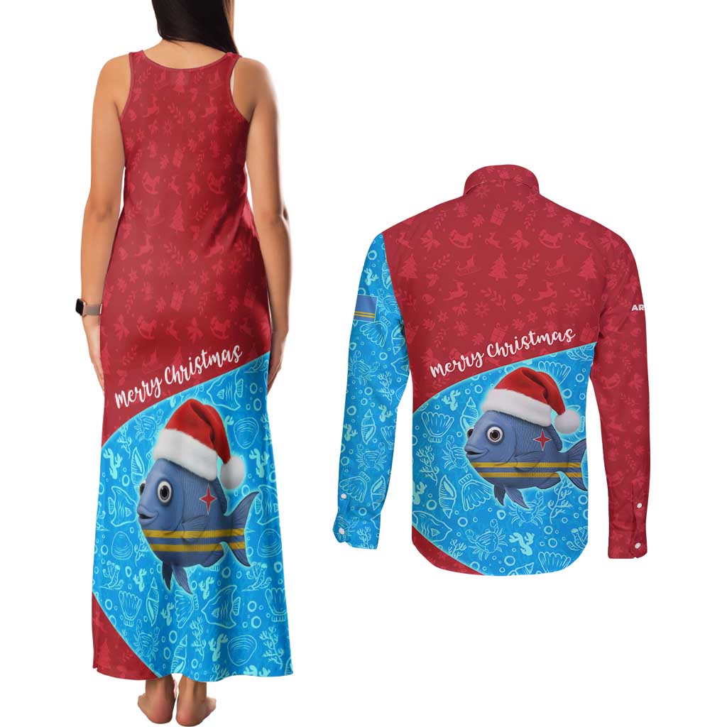 Aruba Christmas Couples Matching Tank Maxi Dress and Long Sleeve Button Shirt with Santa Fish Aruba Flag Ocean Icons and Red Blue Holiday Pattern Design - Wonder Print Shop