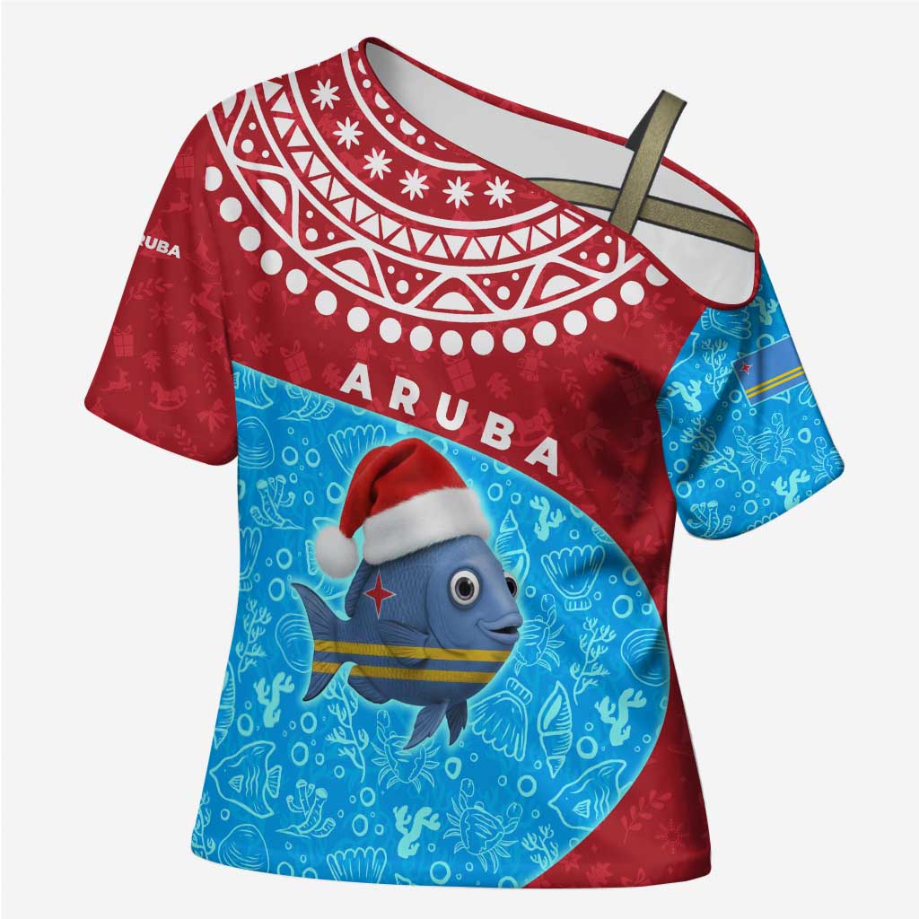 Aruba Christmas Cross Shoulder Shirt with Santa Fish Aruba Flag Ocean Icons and Red Blue Holiday Pattern Design - Wonder Print Shop