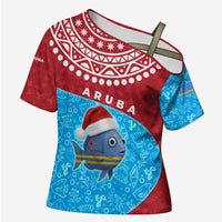 Aruba Christmas Cross Shoulder Shirt with Santa Fish Aruba Flag Ocean Icons and Red Blue Holiday Pattern Design - Wonder Print Shop