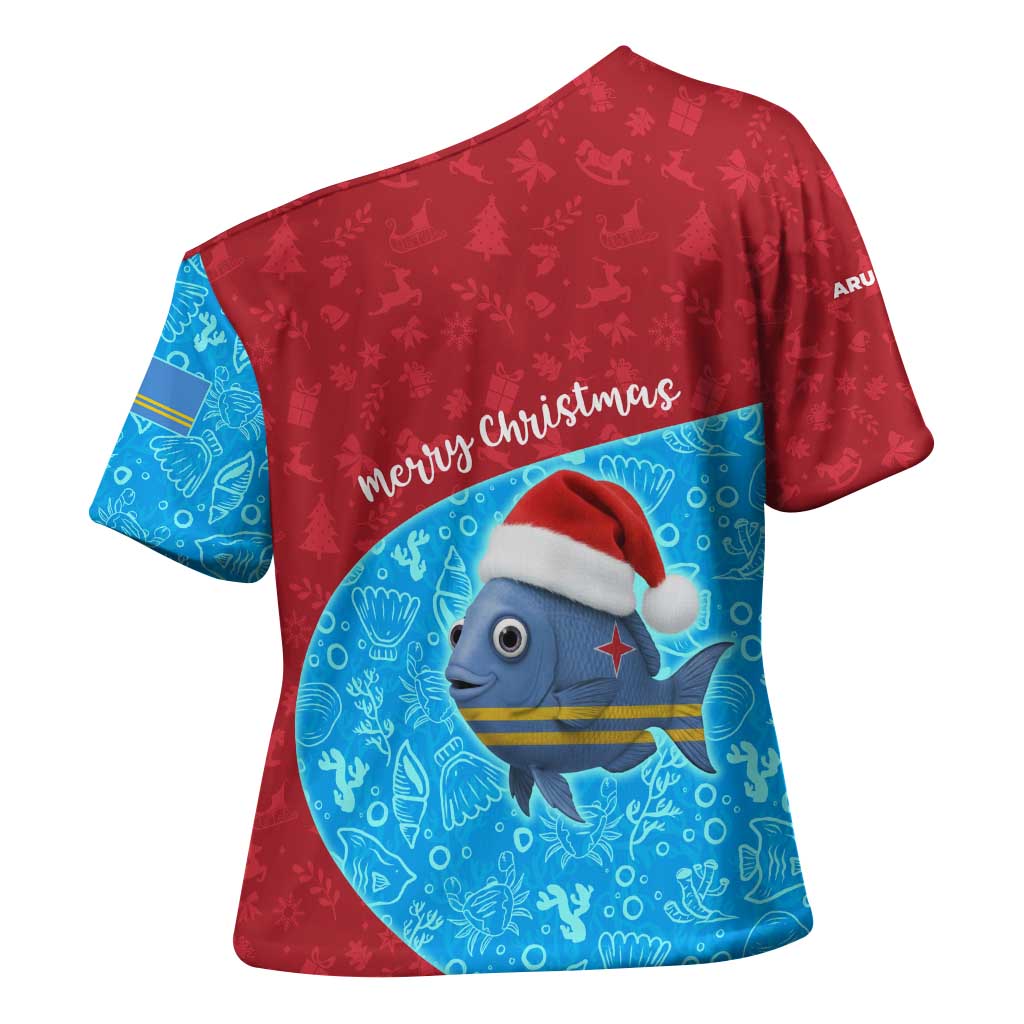 Aruba Christmas Cross Shoulder Shirt with Santa Fish Aruba Flag Ocean Icons and Red Blue Holiday Pattern Design - Wonder Print Shop