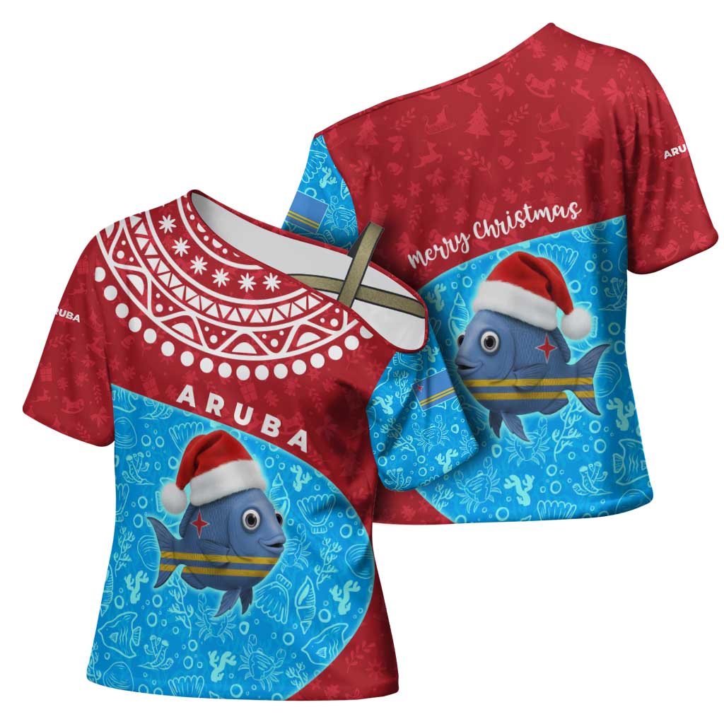 Aruba Christmas Cross Shoulder Shirt with Santa Fish Aruba Flag Ocean Icons and Red Blue Holiday Pattern Design - Wonder Print Shop