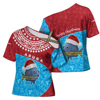 Aruba Christmas Cross Shoulder Shirt with Santa Fish Aruba Flag Ocean Icons and Red Blue Holiday Pattern Design - Wonder Print Shop