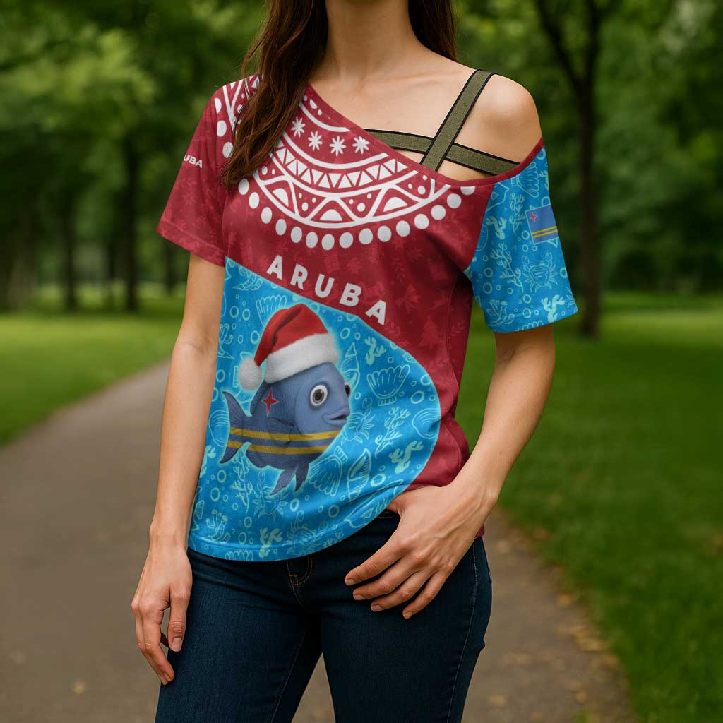 Aruba Christmas Cross Shoulder Shirt with Santa Fish Aruba Flag Ocean Icons and Red Blue Holiday Pattern Design - Wonder Print Shop