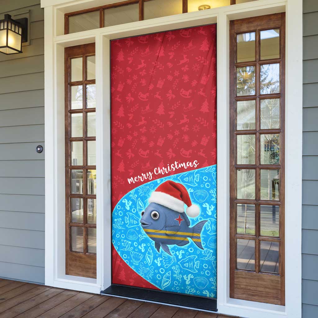 Aruba Christmas Door Cover with Santa Fish Aruba Flag Ocean Icons and Red Blue Holiday Pattern Design - Wonder Print Shop