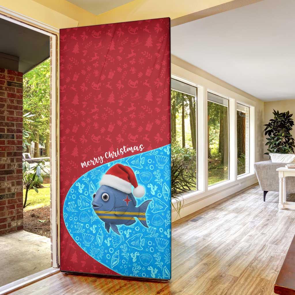 Aruba Christmas Door Cover with Santa Fish Aruba Flag Ocean Icons and Red Blue Holiday Pattern Design - Wonder Print Shop
