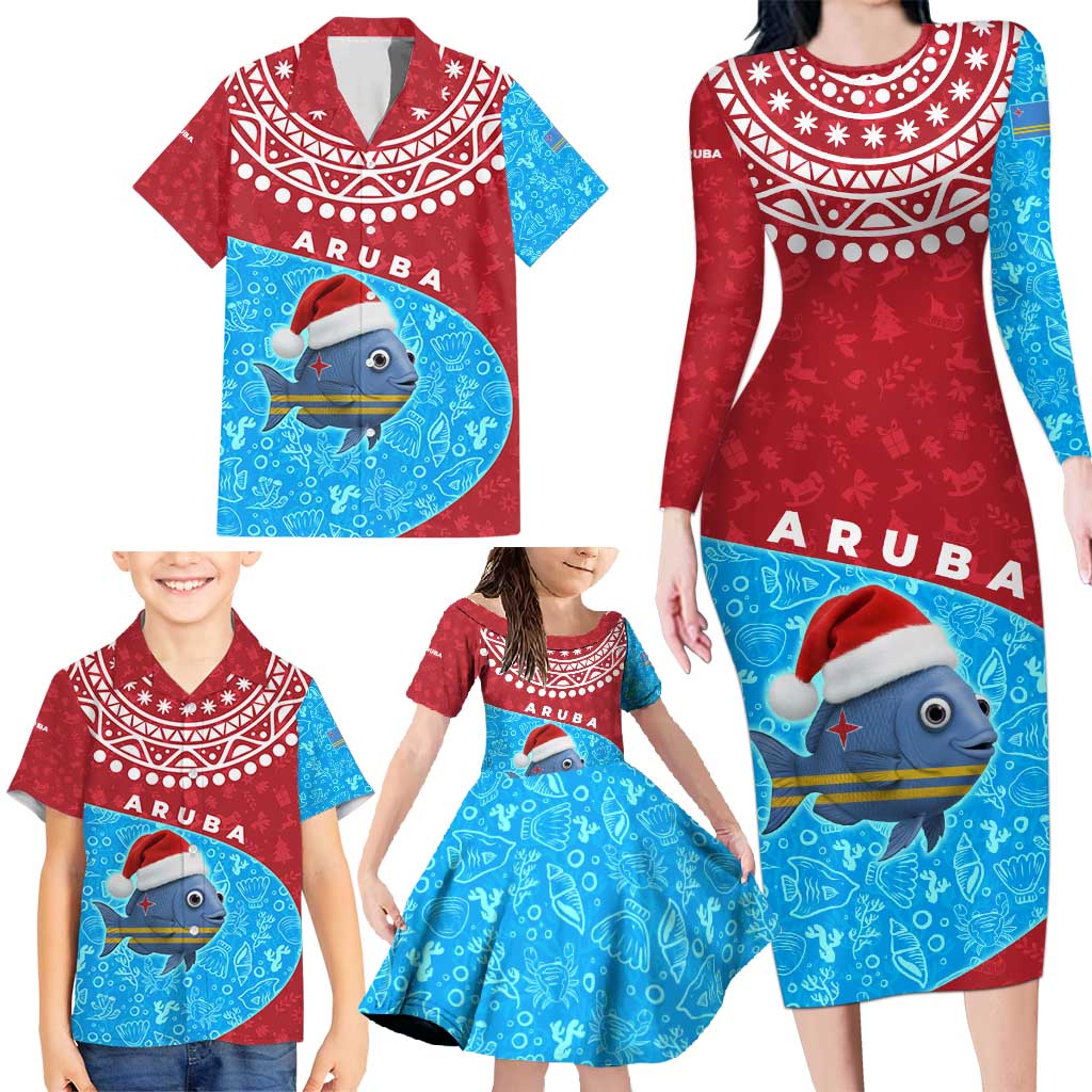 Aruba Christmas Family Matching Long Sleeve Bodycon Dress and Hawaiian Shirt with Santa Fish Aruba Flag Ocean Icons and Red Blue Holiday Pattern Design - Wonder Print Shop