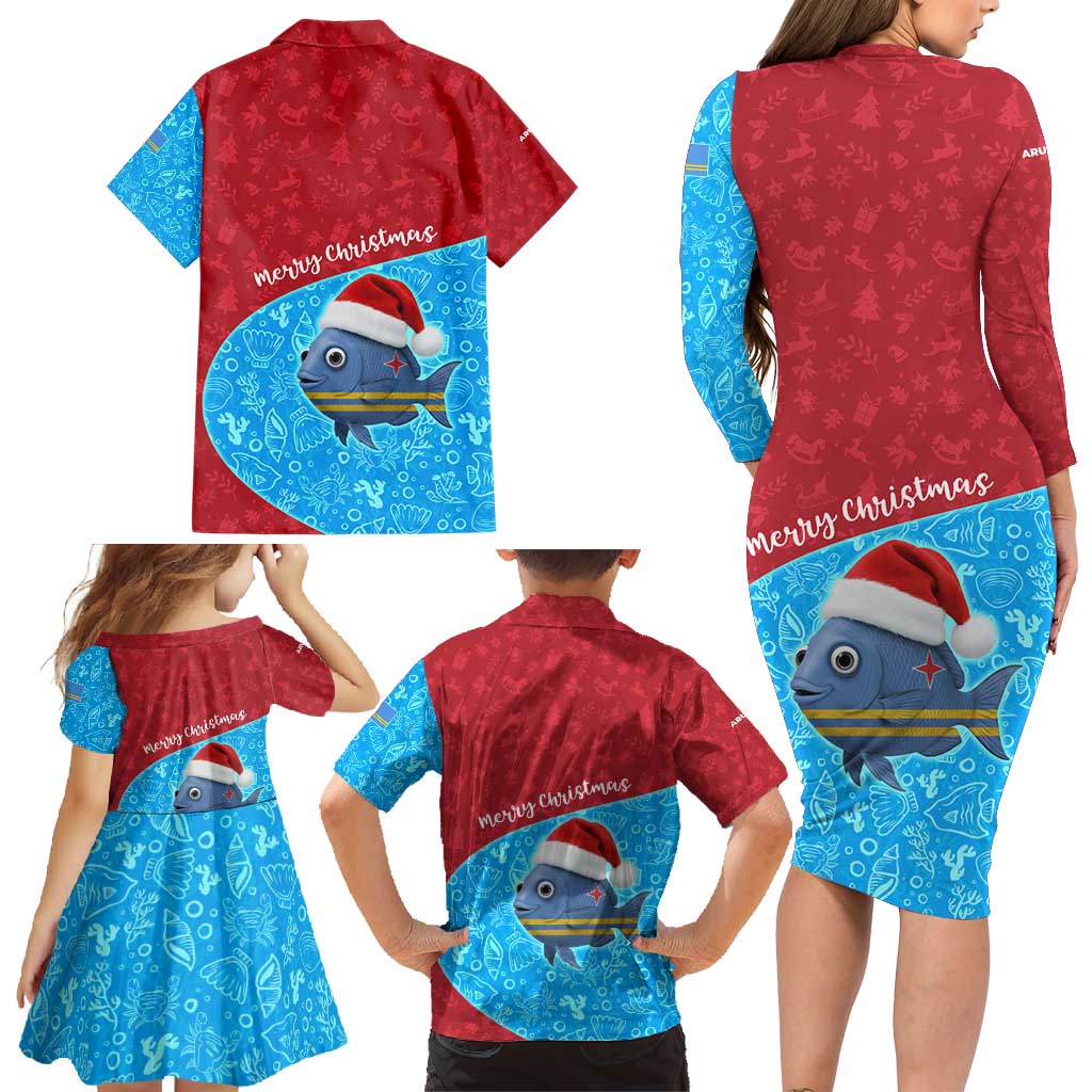 Aruba Christmas Family Matching Long Sleeve Bodycon Dress and Hawaiian Shirt with Santa Fish Aruba Flag Ocean Icons and Red Blue Holiday Pattern Design - Wonder Print Shop