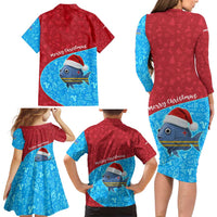 Aruba Christmas Family Matching Long Sleeve Bodycon Dress and Hawaiian Shirt with Santa Fish Aruba Flag Ocean Icons and Red Blue Holiday Pattern Design - Wonder Print Shop