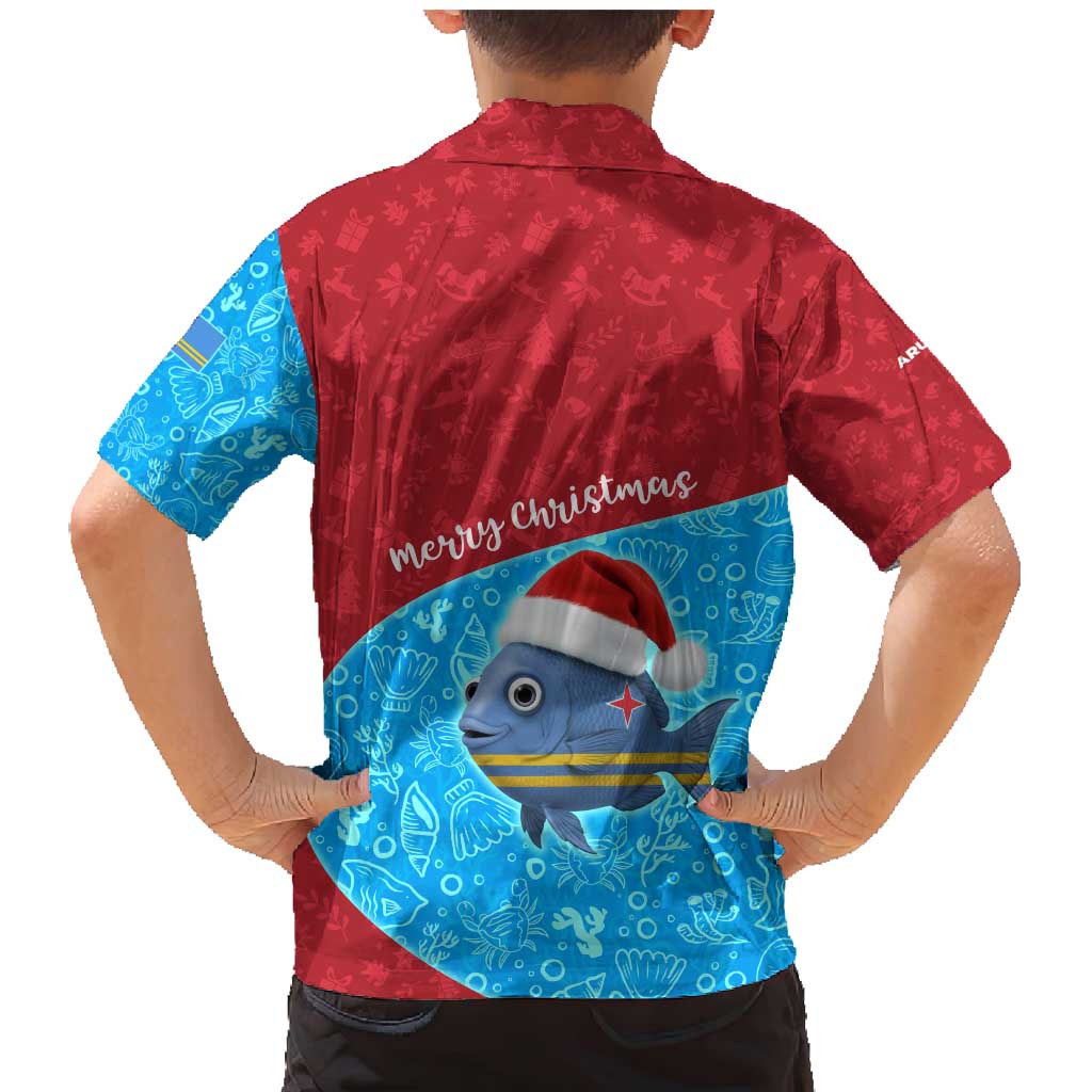Aruba Christmas Family Matching Mermaid Dress and Hawaiian Shirt with Santa Fish Aruba Flag Ocean Icons and Red Blue Holiday Pattern Design - Wonder Print Shop