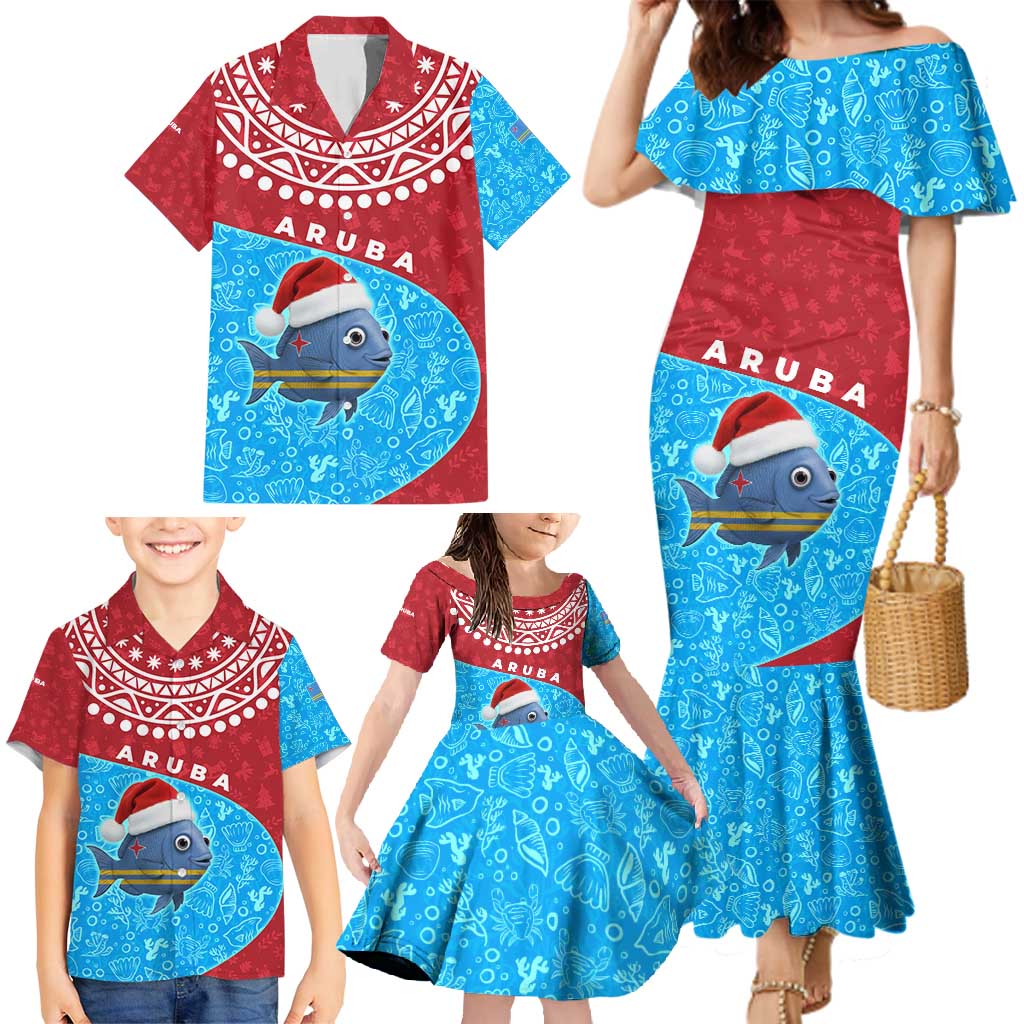 Aruba Christmas Family Matching Mermaid Dress and Hawaiian Shirt with Santa Fish Aruba Flag Ocean Icons and Red Blue Holiday Pattern Design - Wonder Print Shop