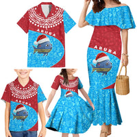 Aruba Christmas Family Matching Mermaid Dress and Hawaiian Shirt with Santa Fish Aruba Flag Ocean Icons and Red Blue Holiday Pattern Design - Wonder Print Shop