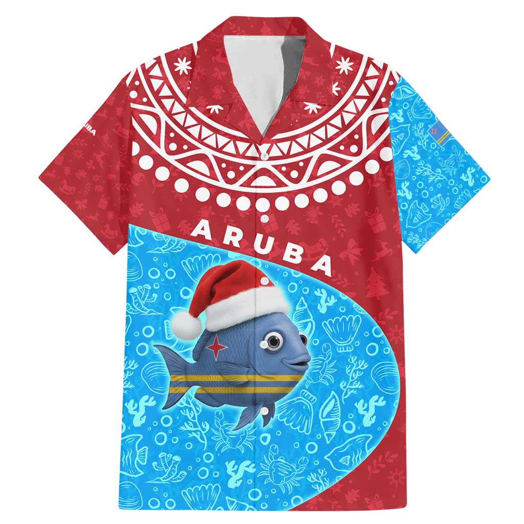 Aruba Christmas Family Matching Mermaid Dress and Hawaiian Shirt with Santa Fish Aruba Flag Ocean Icons and Red Blue Holiday Pattern Design - Wonder Print Shop
