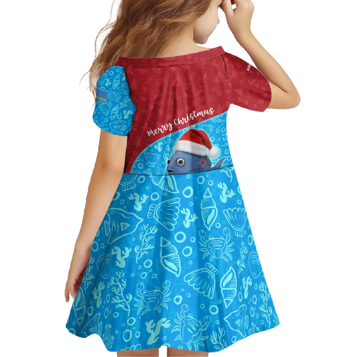 Aruba Christmas Family Matching Off The Shoulder Long Sleeve Dress and Hawaiian Shirt with Santa Fish Aruba Flag Ocean Icons and Red Blue Holiday Pattern Design - Wonder Print Shop