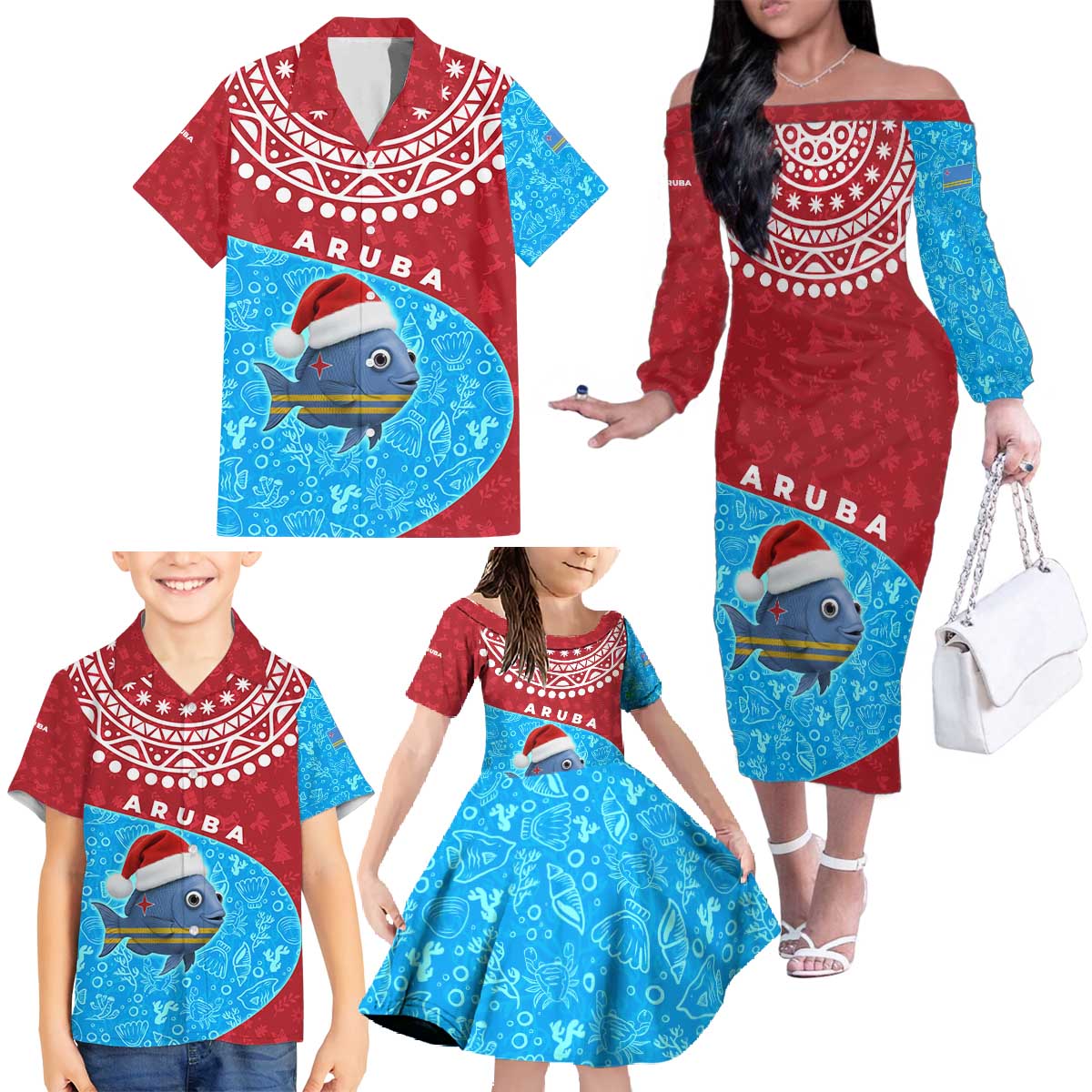 Aruba Christmas Family Matching Off The Shoulder Long Sleeve Dress and Hawaiian Shirt with Santa Fish Aruba Flag Ocean Icons and Red Blue Holiday Pattern Design - Wonder Print Shop