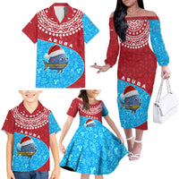 Aruba Christmas Family Matching Off The Shoulder Long Sleeve Dress and Hawaiian Shirt with Santa Fish Aruba Flag Ocean Icons and Red Blue Holiday Pattern Design - Wonder Print Shop