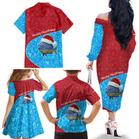 Aruba Christmas Family Matching Off The Shoulder Long Sleeve Dress and Hawaiian Shirt with Santa Fish Aruba Flag Ocean Icons and Red Blue Holiday Pattern Design - Wonder Print Shop