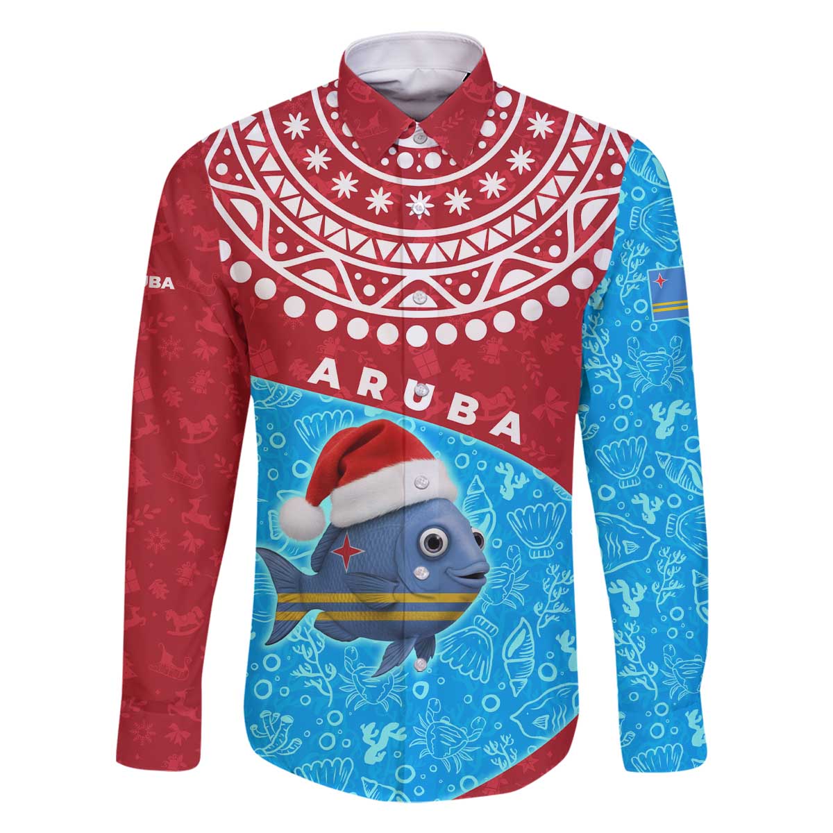 Aruba Christmas Family Matching Off The Shoulder Long Sleeve Dress and Hawaiian Shirt with Santa Fish Aruba Flag Ocean Icons and Red Blue Holiday Pattern Design - Wonder Print Shop