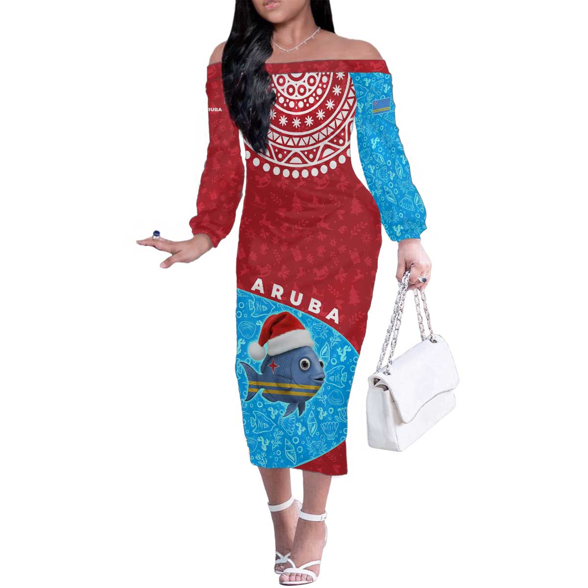 Aruba Christmas Family Matching Off The Shoulder Long Sleeve Dress and Hawaiian Shirt with Santa Fish Aruba Flag Ocean Icons and Red Blue Holiday Pattern Design - Wonder Print Shop