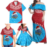 Aruba Christmas Family Matching Off Shoulder Maxi Dress and Hawaiian Shirt with Santa Fish Aruba Flag Ocean Icons and Red Blue Holiday Pattern Design - Wonder Print Shop