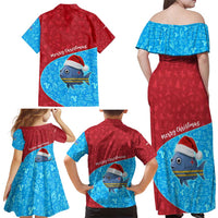 Aruba Christmas Family Matching Off Shoulder Maxi Dress and Hawaiian Shirt with Santa Fish Aruba Flag Ocean Icons and Red Blue Holiday Pattern Design - Wonder Print Shop
