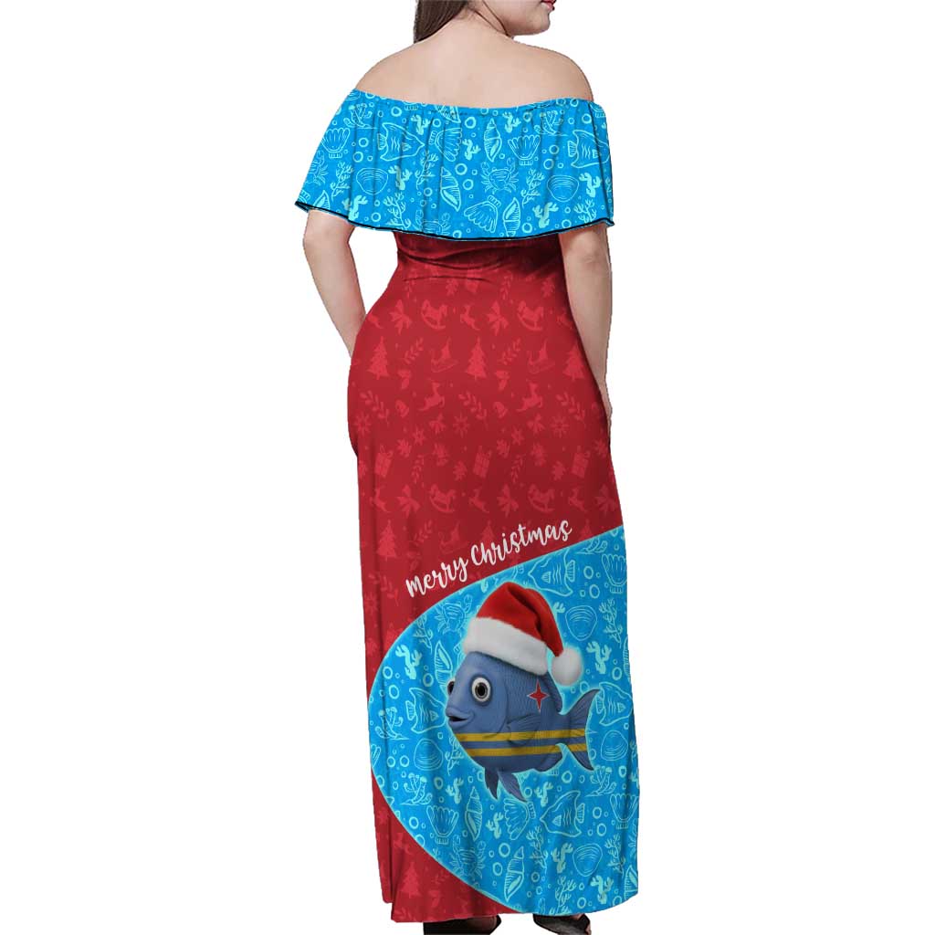 Aruba Christmas Family Matching Off Shoulder Maxi Dress and Hawaiian Shirt with Santa Fish Aruba Flag Ocean Icons and Red Blue Holiday Pattern Design - Wonder Print Shop