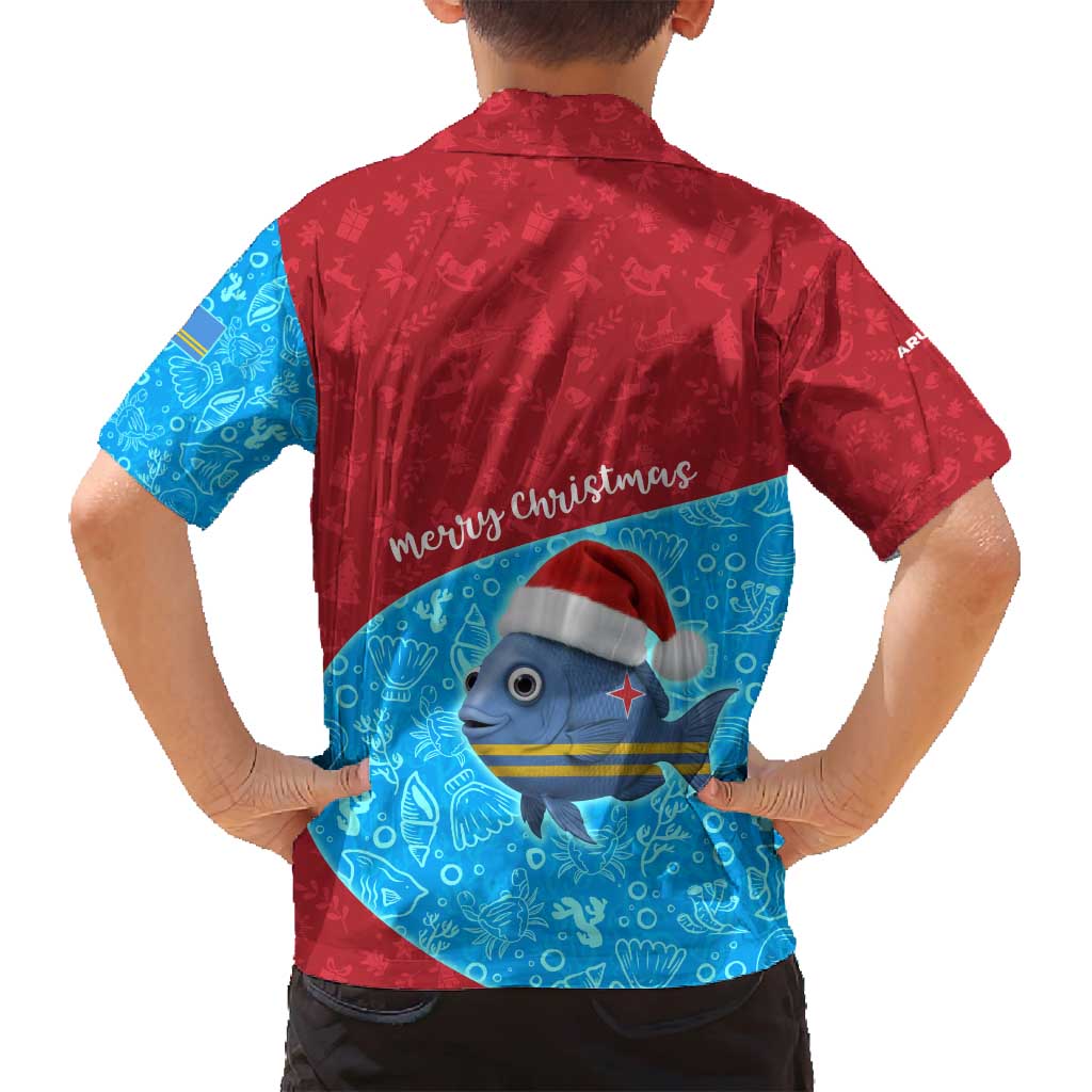 Aruba Christmas Family Matching Off Shoulder Short Dress and Hawaiian Shirt with Santa Fish Aruba Flag Ocean Icons and Red Blue Holiday Pattern Design - Wonder Print Shop