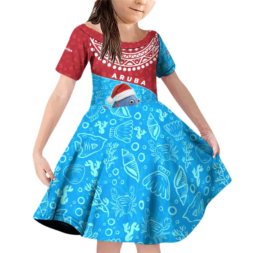 Aruba Christmas Family Matching Off Shoulder Short Dress and Hawaiian Shirt with Santa Fish Aruba Flag Ocean Icons and Red Blue Holiday Pattern Design - Wonder Print Shop