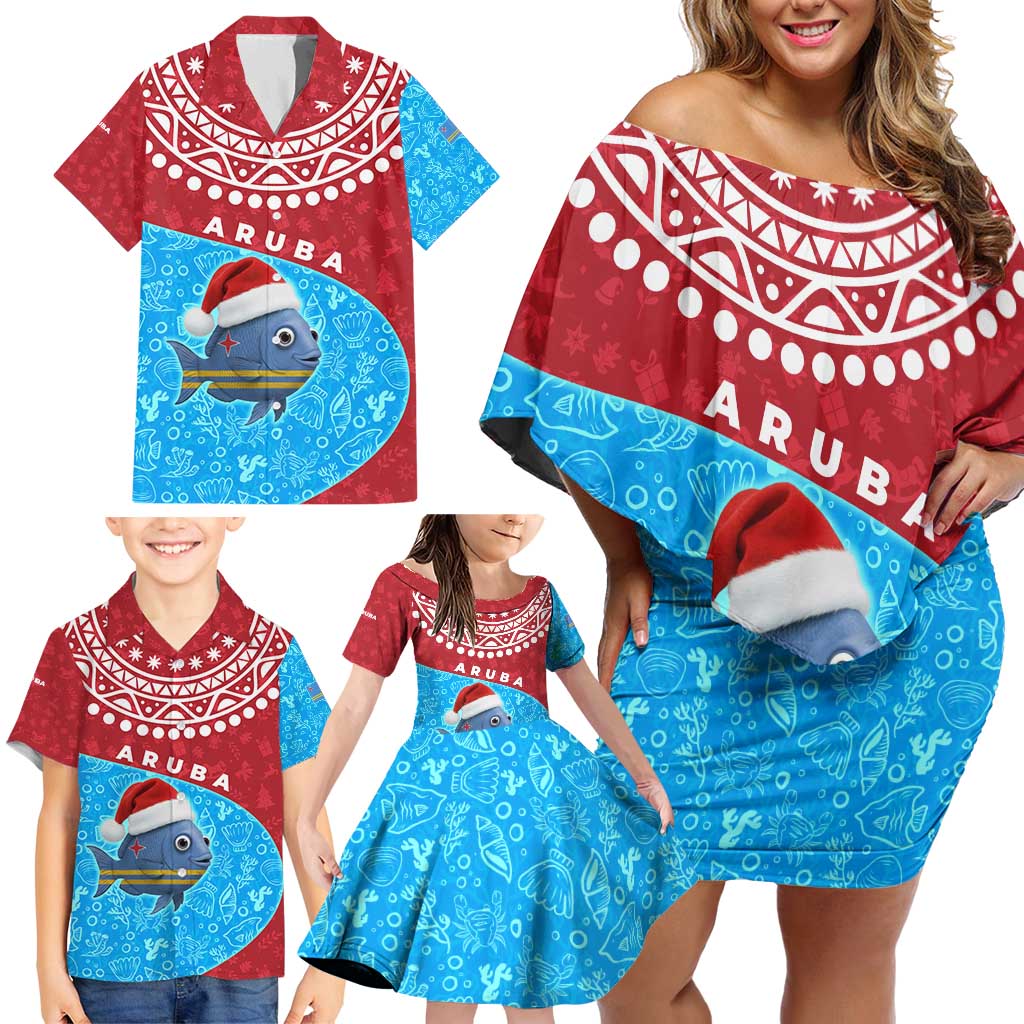 Aruba Christmas Family Matching Off Shoulder Short Dress and Hawaiian Shirt with Santa Fish Aruba Flag Ocean Icons and Red Blue Holiday Pattern Design - Wonder Print Shop
