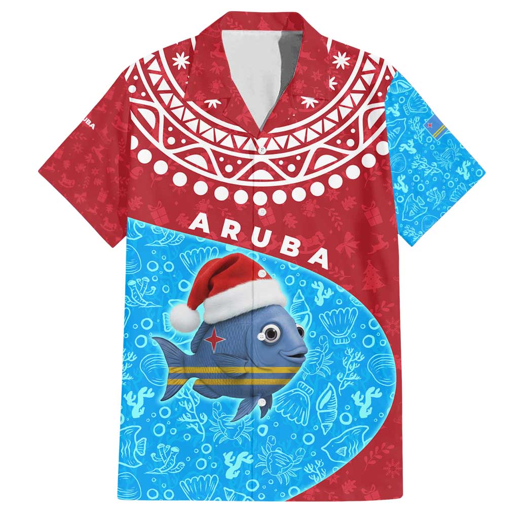 Aruba Christmas Family Matching Off Shoulder Short Dress and Hawaiian Shirt with Santa Fish Aruba Flag Ocean Icons and Red Blue Holiday Pattern Design - Wonder Print Shop