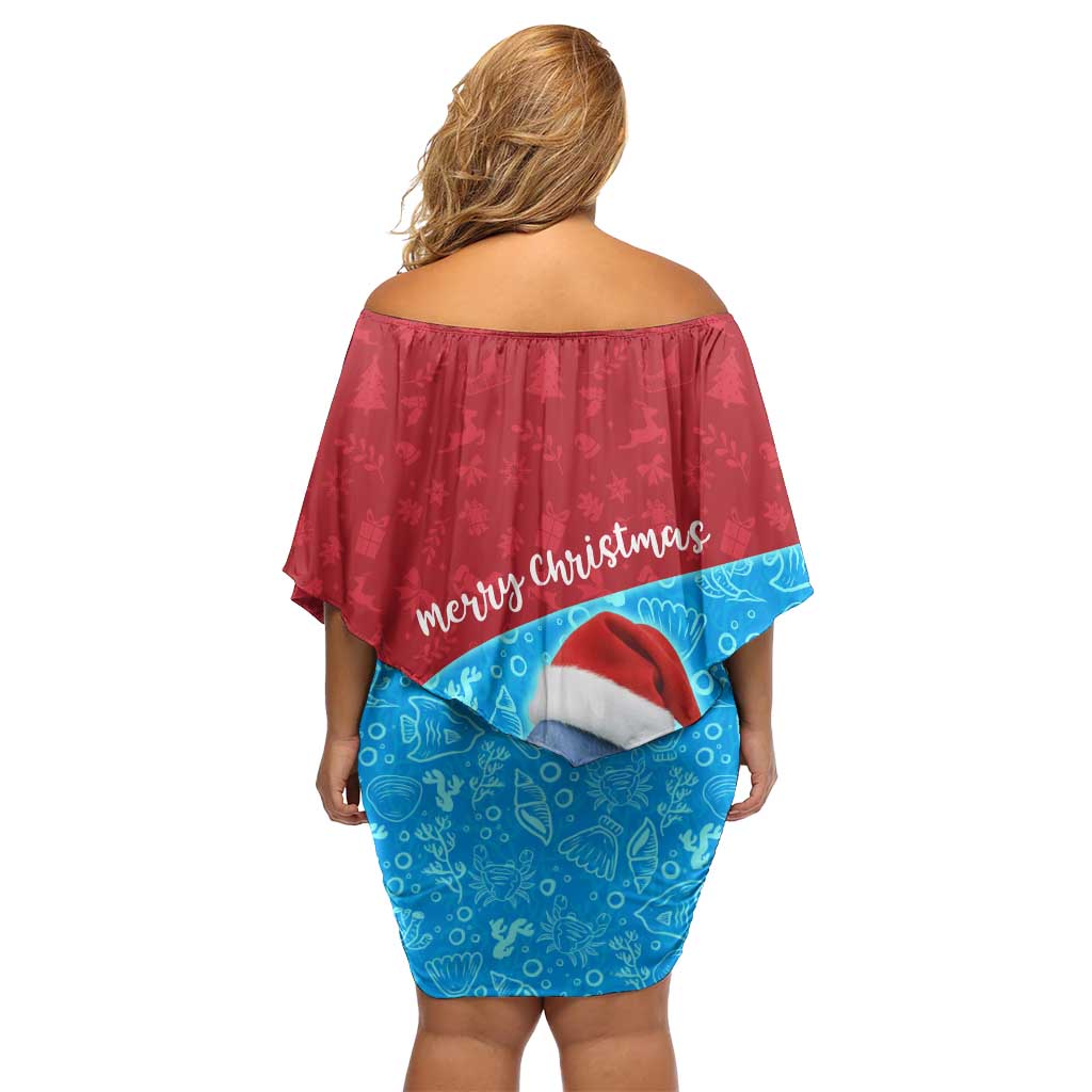 Aruba Christmas Family Matching Off Shoulder Short Dress and Hawaiian Shirt with Santa Fish Aruba Flag Ocean Icons and Red Blue Holiday Pattern Design - Wonder Print Shop