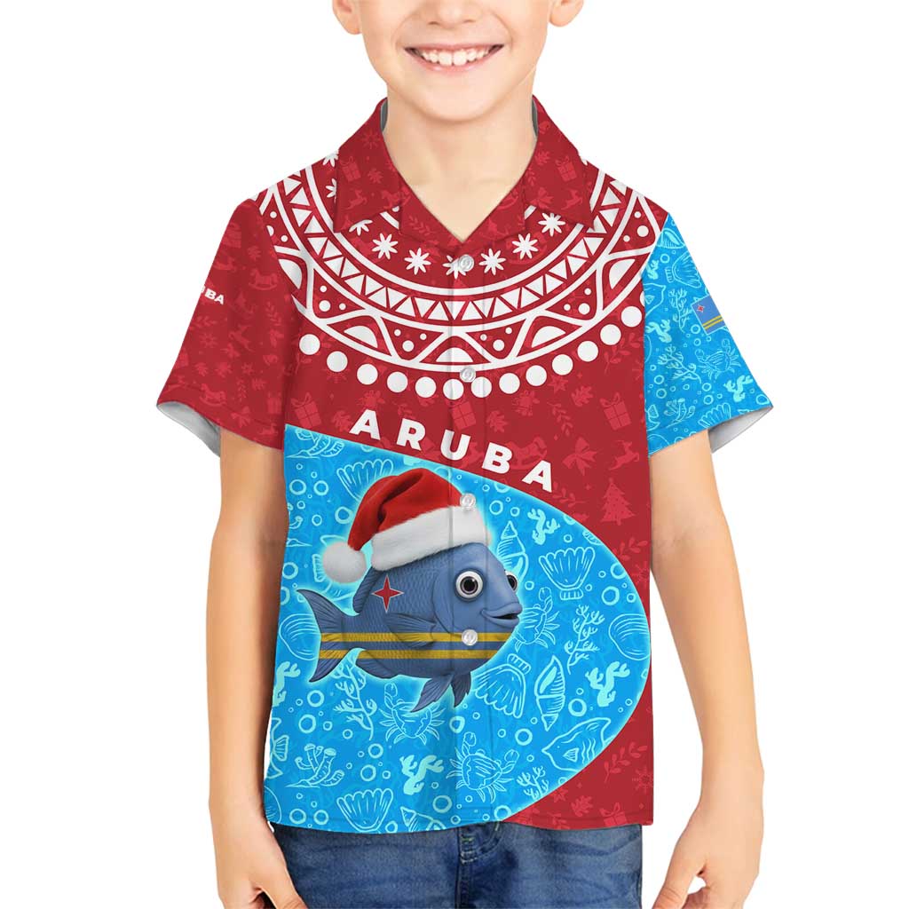 Aruba Christmas Family Matching Off Shoulder Short Dress and Hawaiian Shirt with Santa Fish Aruba Flag Ocean Icons and Red Blue Holiday Pattern Design - Wonder Print Shop