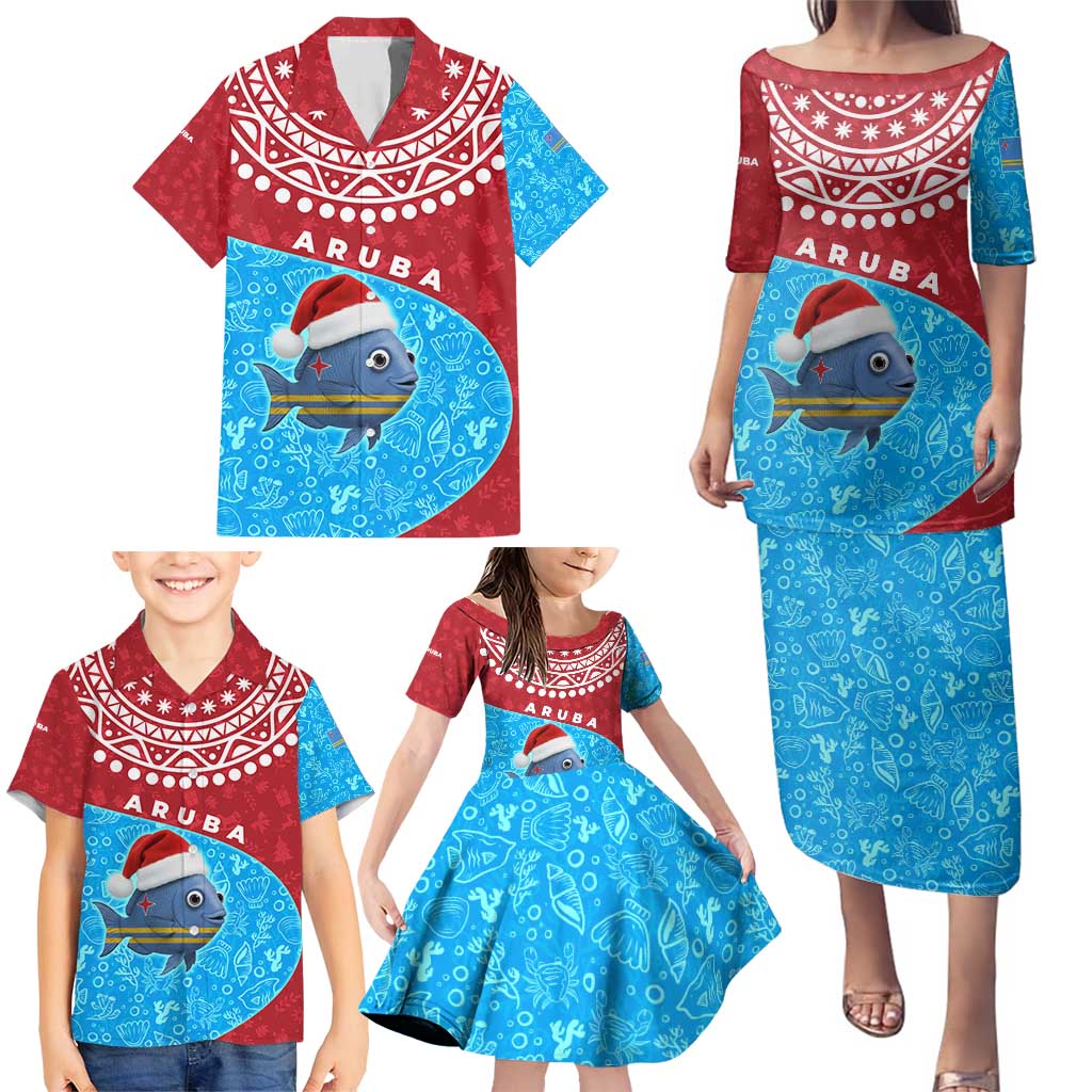 Aruba Christmas Family Matching Puletasi and Hawaiian Shirt with Santa Fish Aruba Flag Ocean Icons and Red Blue Holiday Pattern Design - Wonder Print Shop