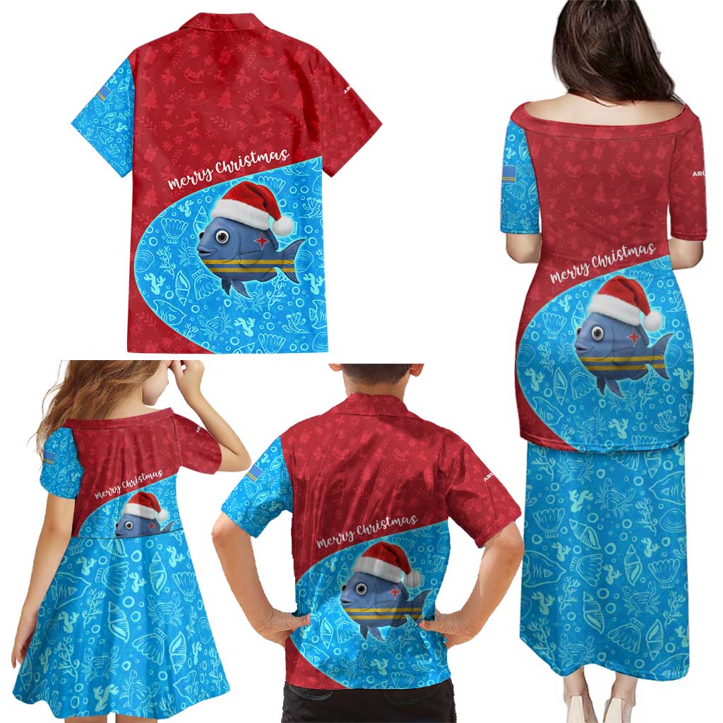 Aruba Christmas Family Matching Puletasi and Hawaiian Shirt with Santa Fish Aruba Flag Ocean Icons and Red Blue Holiday Pattern Design - Wonder Print Shop