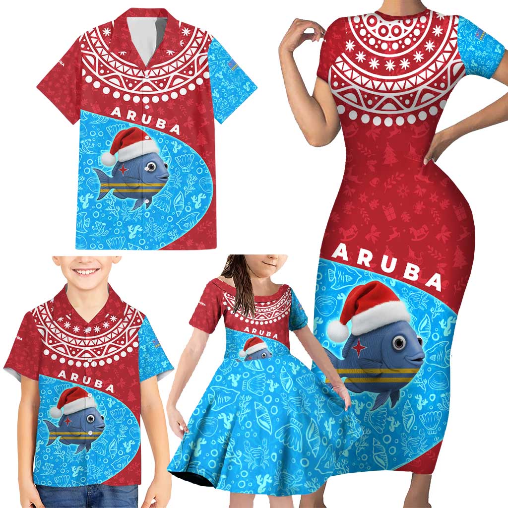 Aruba Christmas Family Matching Short Sleeve Bodycon Dress and Hawaiian Shirt with Santa Fish Aruba Flag Ocean Icons and Red Blue Holiday Pattern Design - Wonder Print Shop
