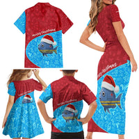 Aruba Christmas Family Matching Short Sleeve Bodycon Dress and Hawaiian Shirt with Santa Fish Aruba Flag Ocean Icons and Red Blue Holiday Pattern Design - Wonder Print Shop