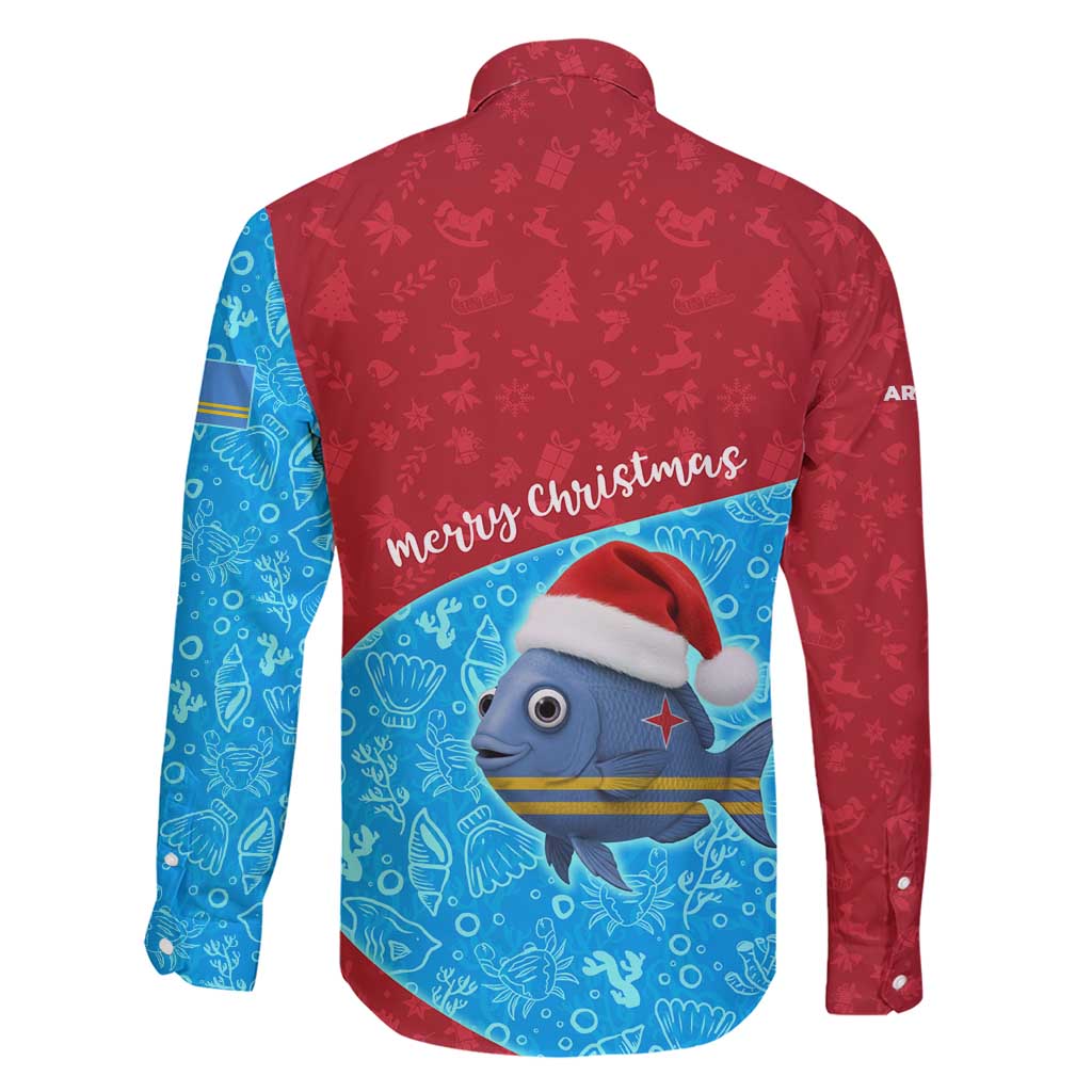 Aruba Christmas Family Matching Short Sleeve Bodycon Dress and Hawaiian Shirt with Santa Fish Aruba Flag Ocean Icons and Red Blue Holiday Pattern Design - Wonder Print Shop