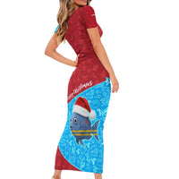 Aruba Christmas Family Matching Short Sleeve Bodycon Dress and Hawaiian Shirt with Santa Fish Aruba Flag Ocean Icons and Red Blue Holiday Pattern Design - Wonder Print Shop