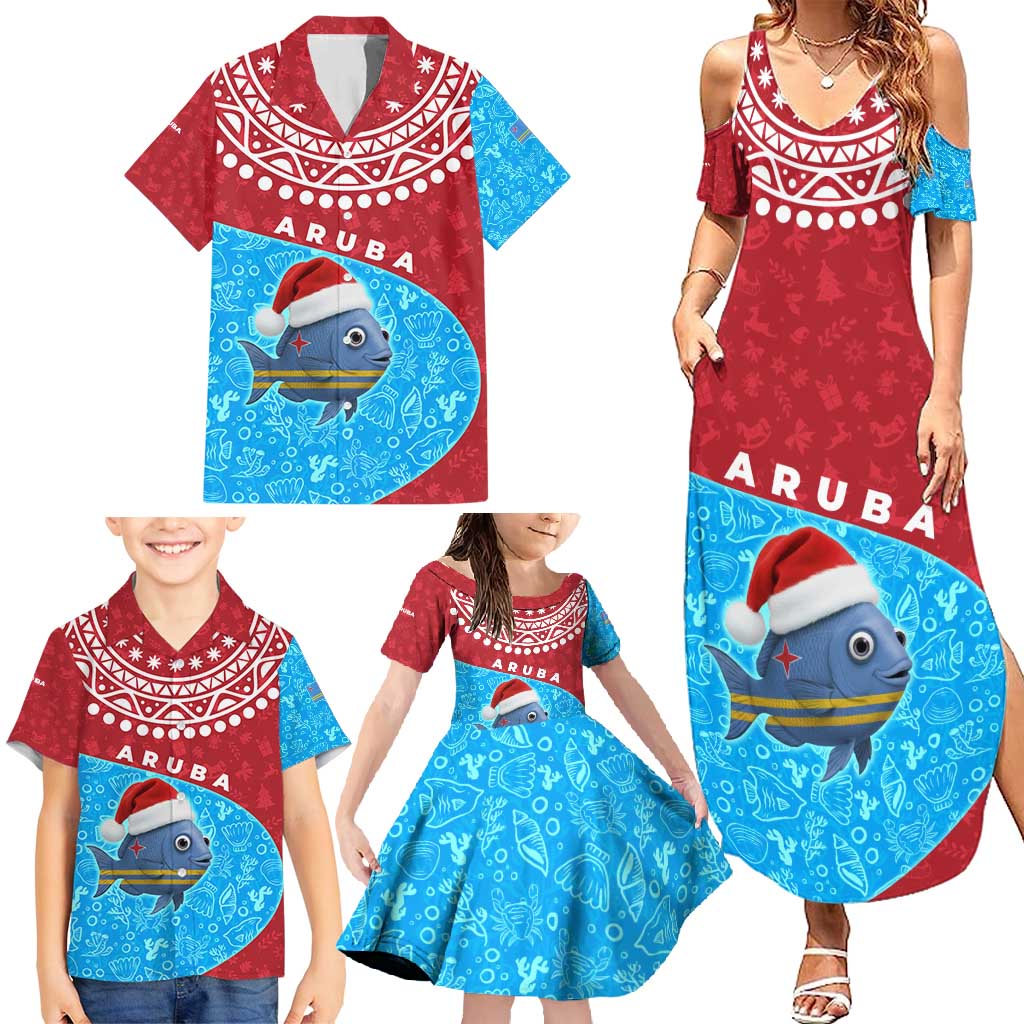 Aruba Christmas Family Matching Summer Maxi Dress and Hawaiian Shirt with Santa Fish Aruba Flag Ocean Icons and Red Blue Holiday Pattern Design - Wonder Print Shop