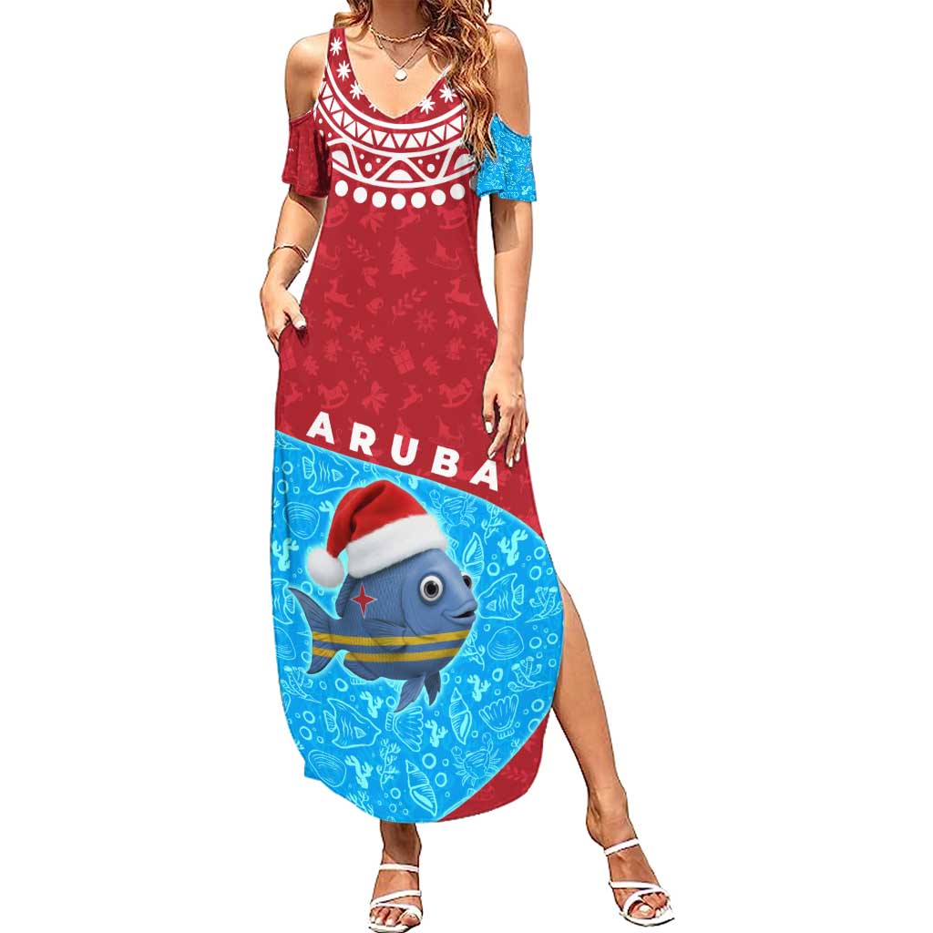 Aruba Christmas Family Matching Summer Maxi Dress and Hawaiian Shirt with Santa Fish Aruba Flag Ocean Icons and Red Blue Holiday Pattern Design - Wonder Print Shop