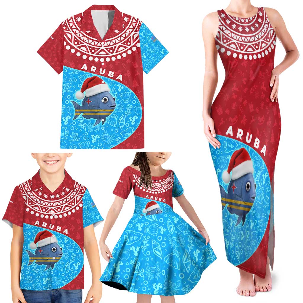 Aruba Christmas Family Matching Tank Maxi Dress and Hawaiian Shirt with Santa Fish Aruba Flag Ocean Icons and Red Blue Holiday Pattern Design - Wonder Print Shop