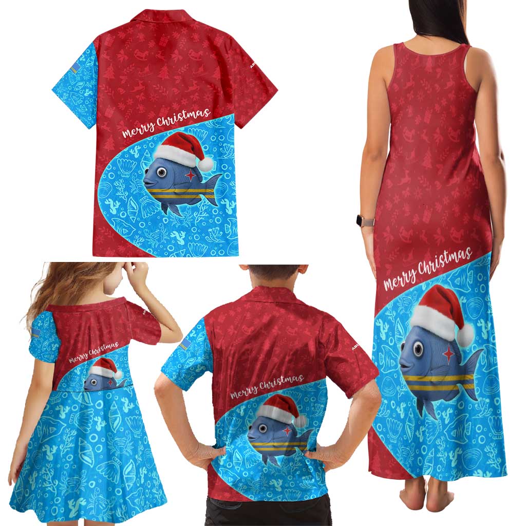 Aruba Christmas Family Matching Tank Maxi Dress and Hawaiian Shirt with Santa Fish Aruba Flag Ocean Icons and Red Blue Holiday Pattern Design - Wonder Print Shop