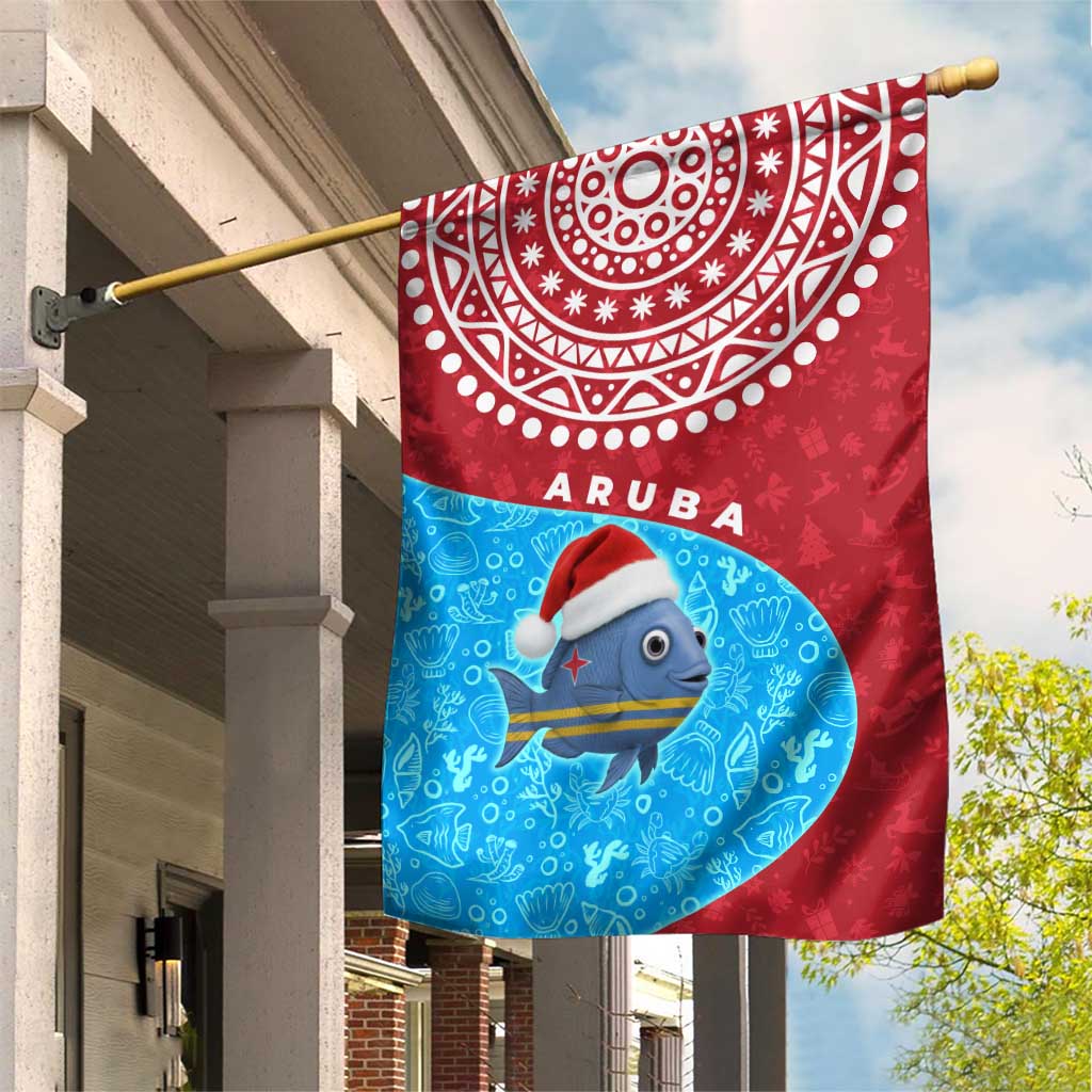 Aruba Christmas Garden Flag with Santa Fish Aruba Flag Ocean Icons and Red Blue Holiday Pattern Design - Wonder Print Shop